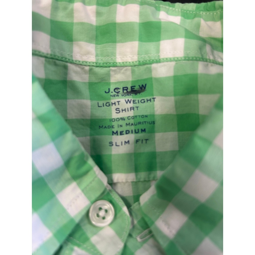 J Crew Mens Medium Slim Fit Gingham Button Down Shirt Green White Lightweight - Picture 6 of 7